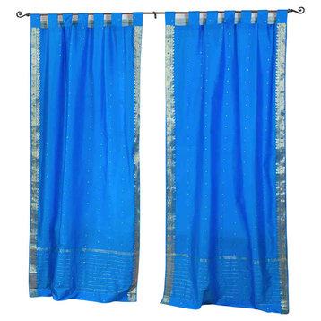 Lined-Blue  Tab Top  Sheer Sari Curtain / Drape / Panel   - 43W x 84L - Pair
