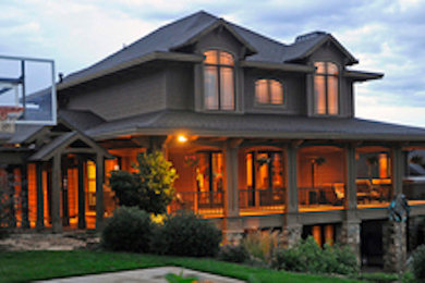 Huge mountain style gray three-story mixed siding exterior home photo in Salt Lake City with a shingle roof