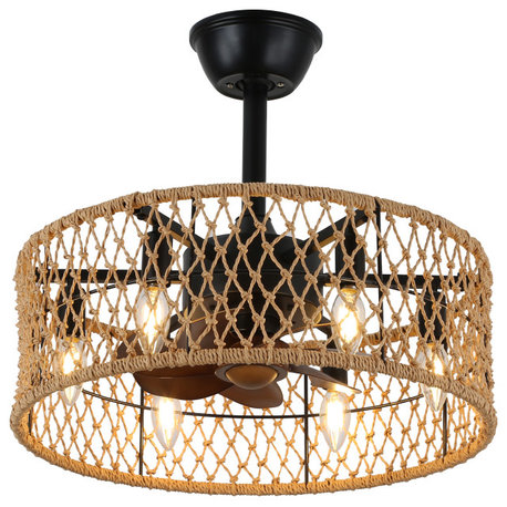 Aura Aura 18" Boho Caged Farmhouse Woven Rattan Ceiling Fan with Lights , Brass