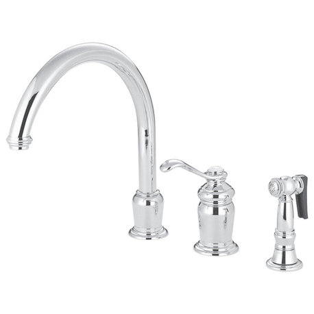 Kingston Single-Handle Widespread Kitchen Faucet w/Sprayer, Polished Chrome