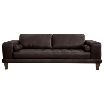 Wynne Contemporary Sofa, Genuine Espresso Leather With Brown Wood Legs, Brown
