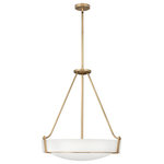 HInkley - Hinkley Hathaway Large Pendant, Heritage Brass - Hathaway's striking design features a bold shade held in place by three intersecting, floating arms with unique forged uprights and ring detail for a modern style. Available in Heritage Brass with etched glass, Olde Bronze with etched glass, Olde Bronze with etched amber glass and Antique Nickel with etched glass.