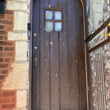 Before / Round Top Woodgrain Steel Entry Door With Decorative Glass