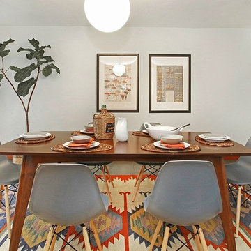 Bright Kilim Wool Rug with Fiddle Leaf Fig and Eames Molded Plastic Dowel Leg Ch