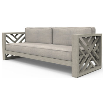 London Lounge Sofa, Wire Brushed Teak Wood, Cast Silver, Weathered Gray