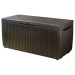 Keter - Keter Springwood 80 Gallon Deck Storage Box - Keter helps you unclutter your outdoor space with practical solutions that meet your needs. With the Springwood you will have 80 gallons of interior storage capacity where you can easily store blankets, furniture cushions, minor garden tools, and other accessories. It’s built in handles and rollers will give you the flexibility to move your deck box to where you need it the most. The Springwood can also serve as additional seating. It's spacious enough to accommodate two adults, so you'll always have additional seating for guests to sit. Because it's made from durable UV-protected resin, you will not have to worry about it wrapping, denting, rusting or peeling as you will have a wood look without the disadvantages of real wood.