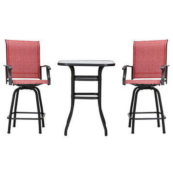 3 Pieces Bistro Set, Glass Top Table and Swiveling Stools With Mesh Seat, Red