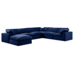 Meridian Furniture - Comfy Upholstered U-Shaped Modular Sectional, Navy, 7-Piece: 3 Armless Chair, 3 Corner Chair, 1 Ottoman, Velvet - Give your space a whole new look with this navy Comfy velvet sectional. This handsome sectional fits nicely with other items in the Comfy collection and is a versatile seating option designed for adaptability, comfort and style. Wrapped in rich navy durable velvet upholstery, this sectional offers a plush embrace of overstuffed down feather cushions, carefully crafted to deliver the highest level of comfort. The perfect seat for creating an oasis for relaxation, this sectional has thick foam surrounding its frame for added support and coziness.