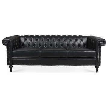 CRO Decor 83.5'' Traditional Square Arm Removable Cushion 3 Seater Sofa (Black)