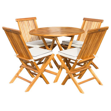 5-Piece Teak Wood Long Beach Set; 47" Round Folding Table and 4 Folding Chairs