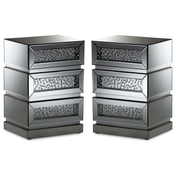 Home Square 3 Drawer MDF Nightstand Set in Silver Mirrored(Set of 2)