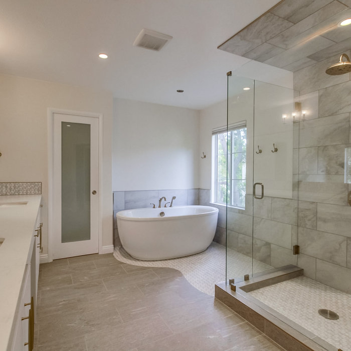 Master bath remodel design by Amala Raj Interiors. GC by DM Hultenius Corporation. Materials Sourced from Stoneville USA in San Diego