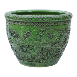 Chinese Ceramic Scenery Relief Motif Lime Green Color Pot Plante - Indoor Pots And Planters