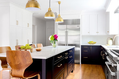 Example of a transitional l-shaped kitchen pantry design with an undermount sink, quartzite countertops, stainless steel appliances and an island