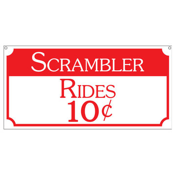 Scrambler Rides 10C, Aluminum Retro Boardwalk Carnival Fair Sign, 6"x12"