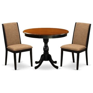 AMLA3-BCH-47 Dining Table and 2 Light Sable Linen Fabric Chairs - Black Finish