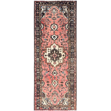 Pink Abrash Vintage Hamadan Runner Evenly Worn Wool Oriental Rug 3'7" x 9'2"