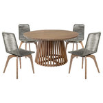 Armen Living - Escondido Island Outdoor Patio 5-Piece Round Dining Set Wood/Gray Rope - Introducing the perfect outdoor dining ensemble to elevate your patio experience: the Island Outdoor Patio Dining Chair and the Escondido Outdoor Patio Round Dining Table by Armen Living. Crafted with meticulous attention to detail, these pieces seamlessly blend classic elegance with modern design, enhancing both comfort and style. The Island Dining Chair features a lightweight and durable light-colored eucalyptus wood frame, ensuring ease of rearrangement without compromising quality or aesthetics. Its gray fishbone weave seat and back provide optimal comfort and support while providing breathability for those hot, summer days. A perfect complement to these chairs is the Escondido Round Dining Table, a captivating combination of timeless allure and practicality. The table boasts light eucalyptus wood construction, adding a touch of natural charm to your patio. Designed for outdoor durability, it features water-resistant and UV-resistant properties, ensuring longevity and style through changing weather conditions. The round shape encourages a friendly, social dining experience, with ample surface space for delightful spreads of food and drinks. Elevate your outdoor dining aesthetic with the Island Dining Chair and the Escondido Round Dining Table&mdash;a perfect combination of durability, style, and comfort for your patio gatherings. Whether enjoying a quiet evening or hosting a lively get-together, this ensemble promises enduring elegance and functionality.