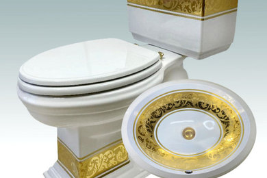 Modelo de cuarto de baño moderno con sanitario de dos piezas y lavabo bajoencimera
