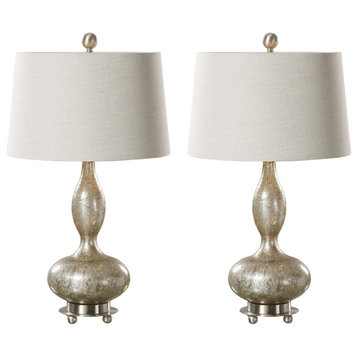 Smoked Mercury Glass Gourd Shape Table Lamp Silver Gold Antique Style, Set of 2