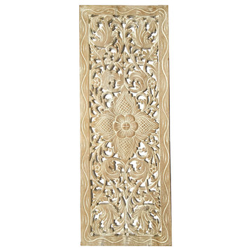 Tropical Floral and Leaf Vine Wood Carved Wall Panel, 35"x13.5", White Wash
