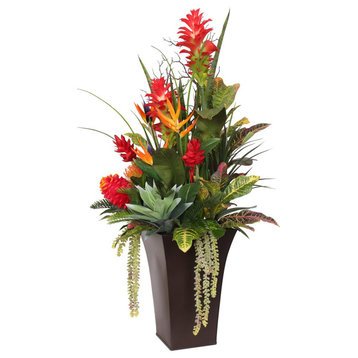 Luscious Tropical Silk Flowers and Greens in Brown Metal Pot