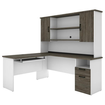 Bestar Norma Norma L-shaped workstation with hutch - Walnut Grey & White