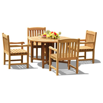 5-Piece Outdoor Patio Teak Dining Set, 48" Butterfly Table, 4 Devon Arm Chairs