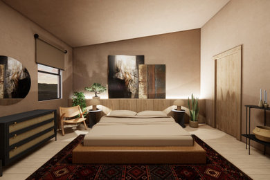 Example of a small trendy master medium tone wood floor, beige floor and vaulted ceiling bedroom design in Other with beige walls and no fireplace