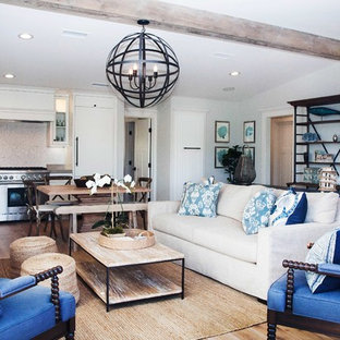 Small beach style open concept family room in Orange County.