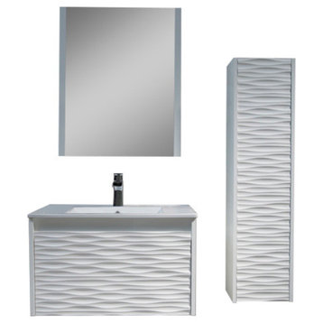 Floating Bathroom Vanity Set, Glossy White, 30" With Sink, Mirror & Side Cabinet
