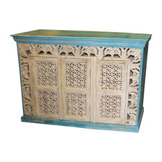 Mogul Interior - Consigned Antique Ivory Blue Intricate Carved Vintage Sideboard Urban Farmhouse - Buffets and Sideboards