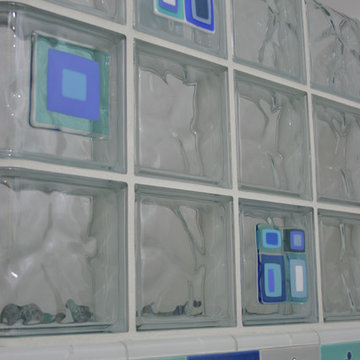 Fused glass tile block wall in a bathroom remodel in Fresno California