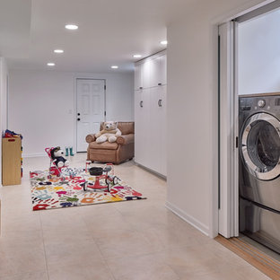Inspiration for a medium sized classic fully buried basement in Seattle with white walls, lino flooring and multi-coloured floors.