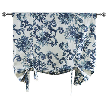 Indonesian Blue Printed Cotton Tie-Up Window Shade Single Panel, 42W x 63L