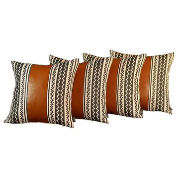 Set Of 4 Black And White Zig Zag With Faux Leather Pillow Covers