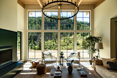 Living room - mid-sized modern open concept medium tone wood floor and wood ceiling living room idea in Seattle with a standard fireplace and a metal fireplace