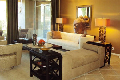 Large transitional open concept travertine floor family room photo in Phoenix with white walls, a corner fireplace and a stone fireplace