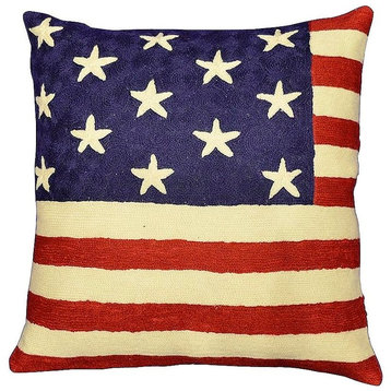 American Flag Pillow Cover Union Jack Hand Embroidered Wool 18x18"