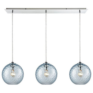 Three Light Linear Mini Pendant - Blown Water Glass Globes Embellished a Spun