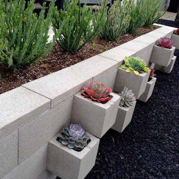 Drought tolerant cinderblock planter landscape