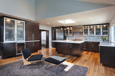 Large trendy l-shaped medium tone wood floor and brown floor enclosed kitchen photo in San Francisco with flat-panel cabinets, dark wood cabinets, multicolored backsplash, stainless steel appliances and an island