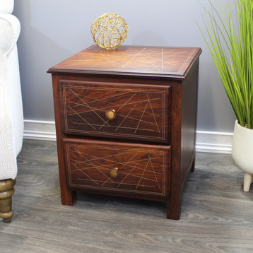 Natural Geo Rosewood Square End Table Abstract Golden Brass Inlay