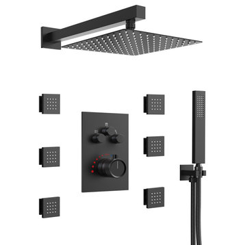 Thermostatic Shower System 3-Function 12" Rain Shower Head with Body Jets, Matte Black, 12"