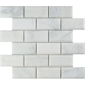 Oriental White Marble Deep-Beveled Brick Mosaic, 2 X 4 Honed