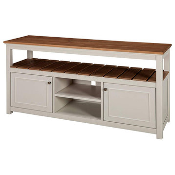 Farmhouse Entertainment Center, Pine Wood With Ivory Finish and Natural Top