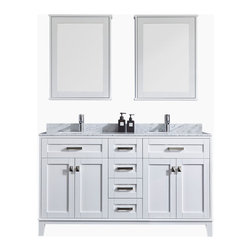 Aerinsea Traditional Vanity 1500 Cararra Marble Stone Top Matte White Shaker Bat - Bathroom Vanities