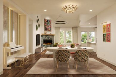 Example of a mid-sized 1960s dark wood floor and brown floor dining room design in Dallas with a corner fireplace and a tile fireplace