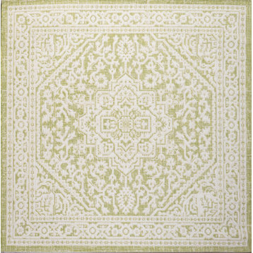 Sinjuri Medallion Textured Weave Indoor/Outdoor, Green/Cream, 5' Square