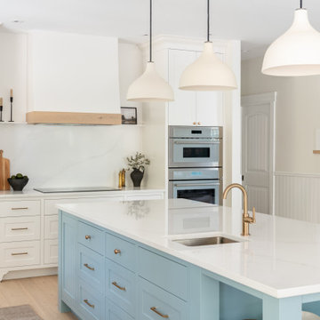 Modern Heritage Kitchen with Soft Blue Island and Brass Fixtures – Victoria BC